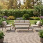 Σαλόνι Gardenly Ι σετ 4τμχ αλουμίνιο σε απόχρωση cappuccino με γκρι-μπεζ μαξιλάρια