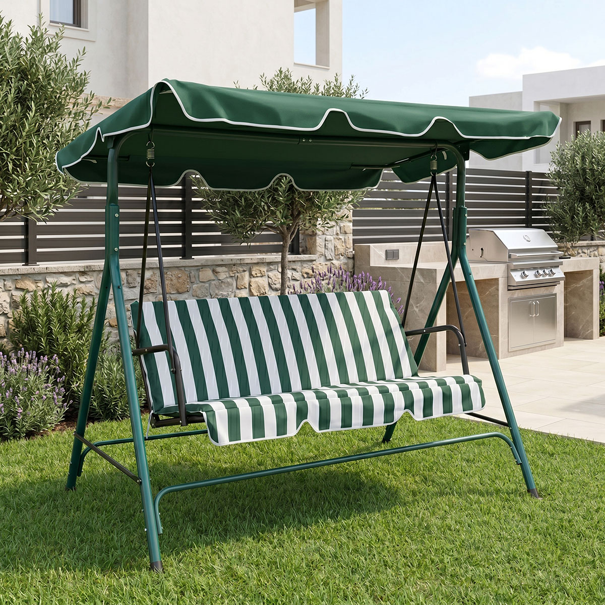 product_pako_407-000002 Κούνια κήπου Globo μέταλλο πράσινο-ύφασμα σε λευκή-πράσινη απόχρωση 170x110x153εκ - Image 1