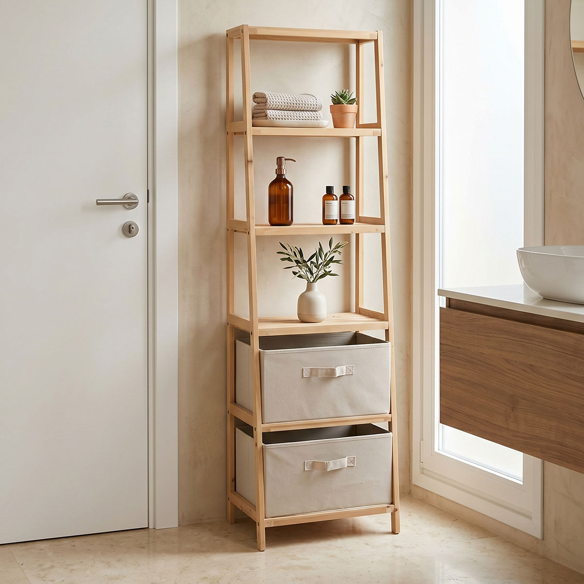product_pako_408-000005 Ραφιέρα δαπέδου με συρτάρια Wolen ξύλο ελάτου-ύφασμα σε φυσική-μπεζ απόχρωση 42x27.5x139εκ - Image 1
