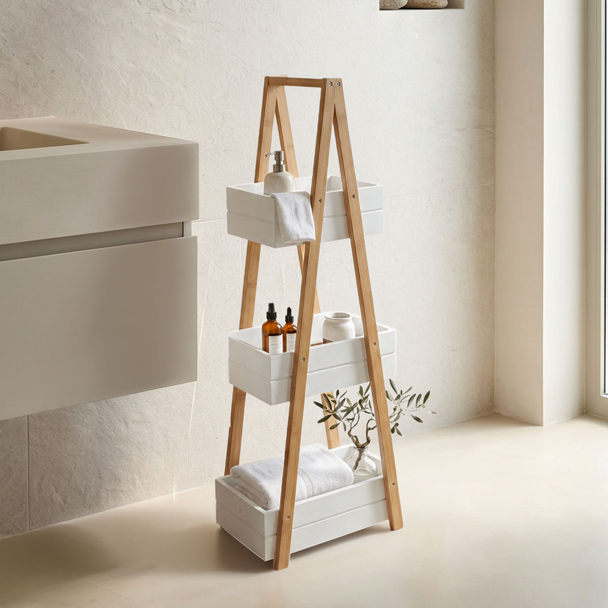 product_pako_408-000007 Ραφιέρα δαπέδου Tercy μπαμπού σε λευκή-φυσική απόχρωση 30x18x80εκ - Image 1