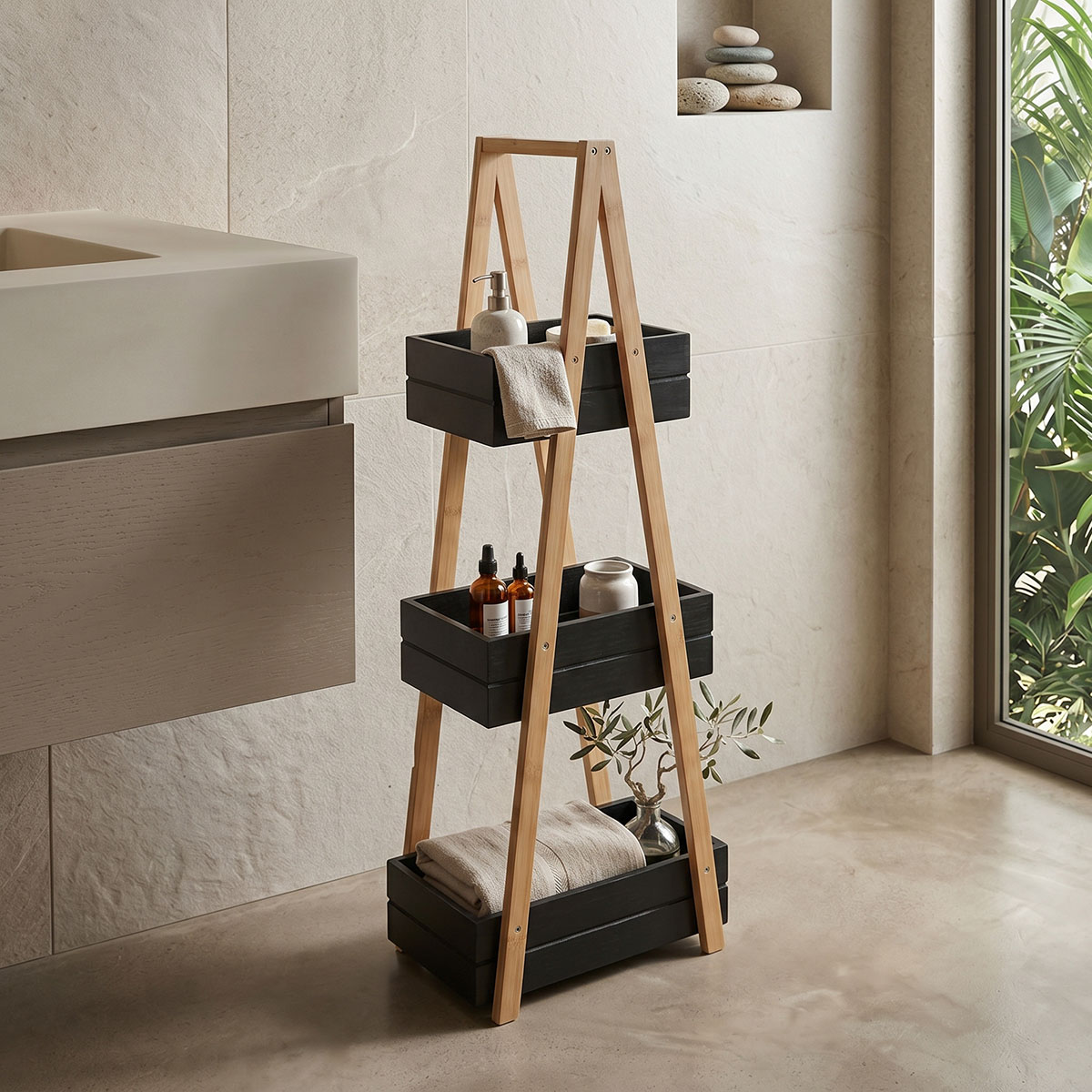 product_pako_408-000008 Ραφιέρα δαπέδου Tercy μπαμπού σε μαύρη-φυσική απόχρωση 30x18x80εκ - Image 1