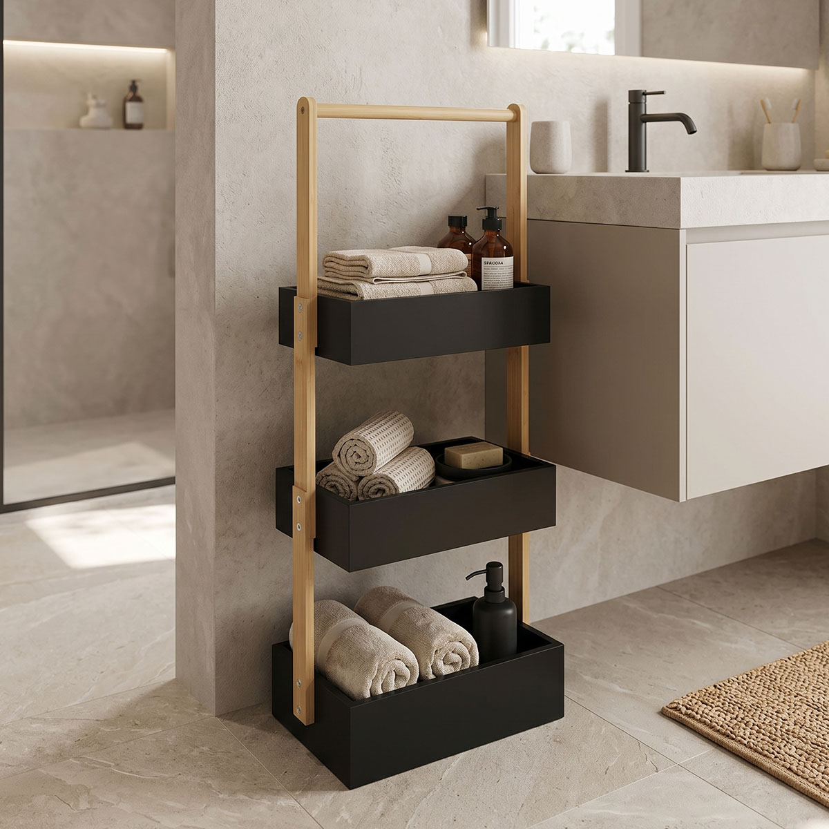 product_pako_408-000010 Ραφιέρα δαπέδου Arvy μπαμπού σε μαύρη-φυσική απόχρωση 32x20x75.5εκ - Image 1
