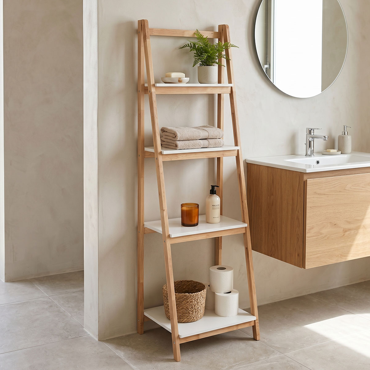 product_pako_408-000016 Ραφιέρα δαπέδου Benwen πτυσσόμενη rubberwood-mdf σε λευκή-φυσική απόχρωση 42x34.5x140εκ - Image 1