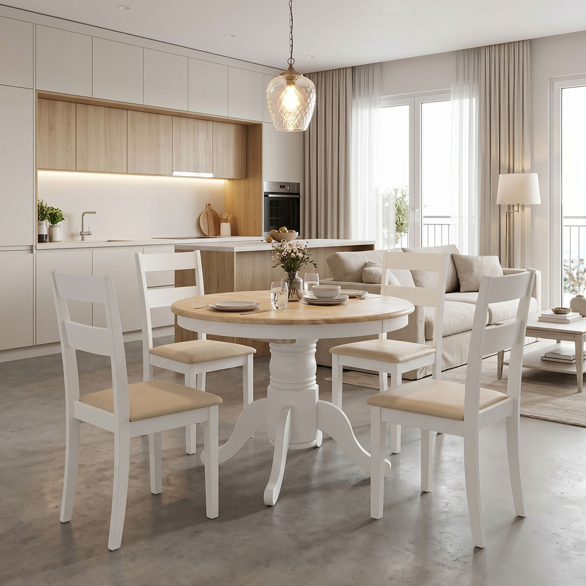product_pako_200-001709 Τραπεζαρία Dallan Lars 5τεμ λευκό rubberwood Φ100(+38)x100x75εκ - Image 1