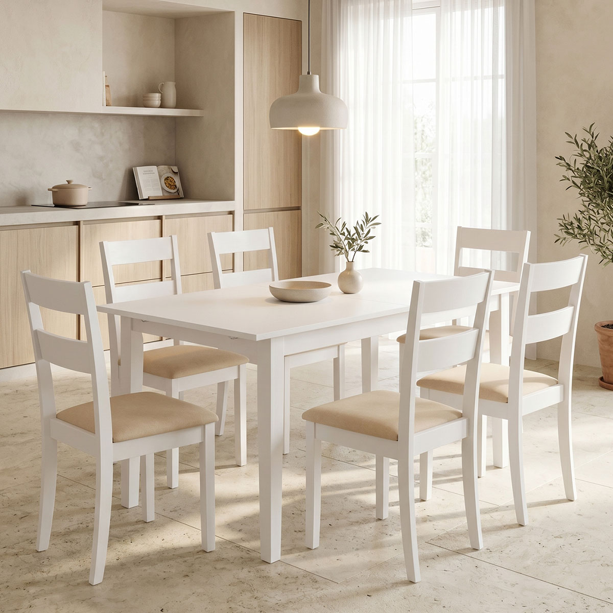 product_pako_200-001714 Τραπεζαρία Dallan Mabor 7τεμ λευκό rubberwood 120-150x80x73,8εκ - Image 1