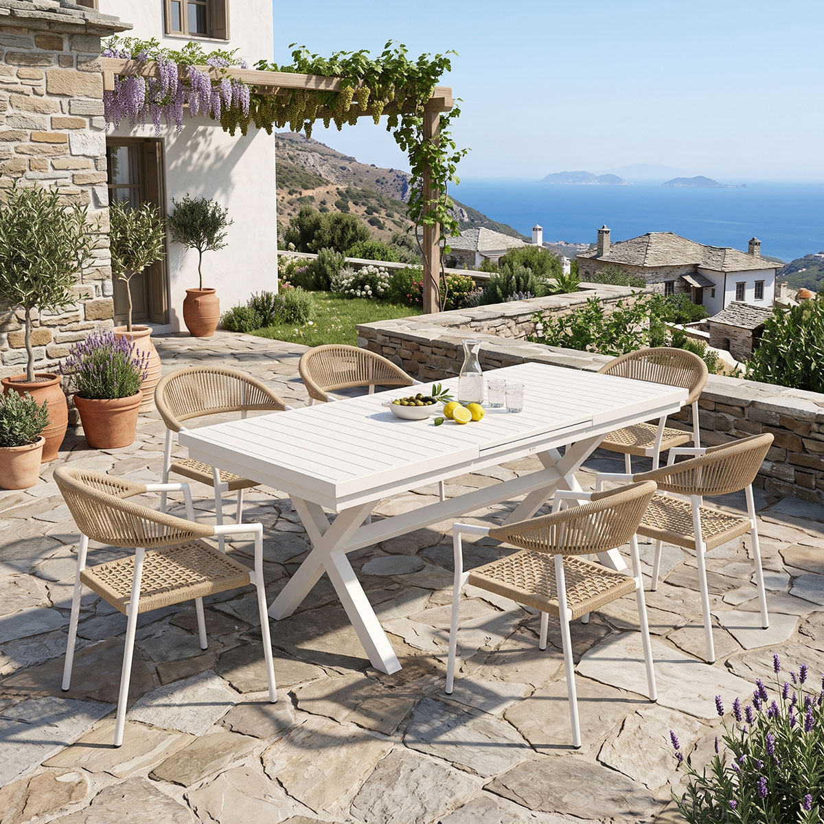 product_pako_200-001860 Τραπεζαρία Dagyn Ammos σετ 7τεμ λευκό αλουμίνιο με PE σχοινί σε φυσική απόχρωση 180-240x90x76εκ - Image 1