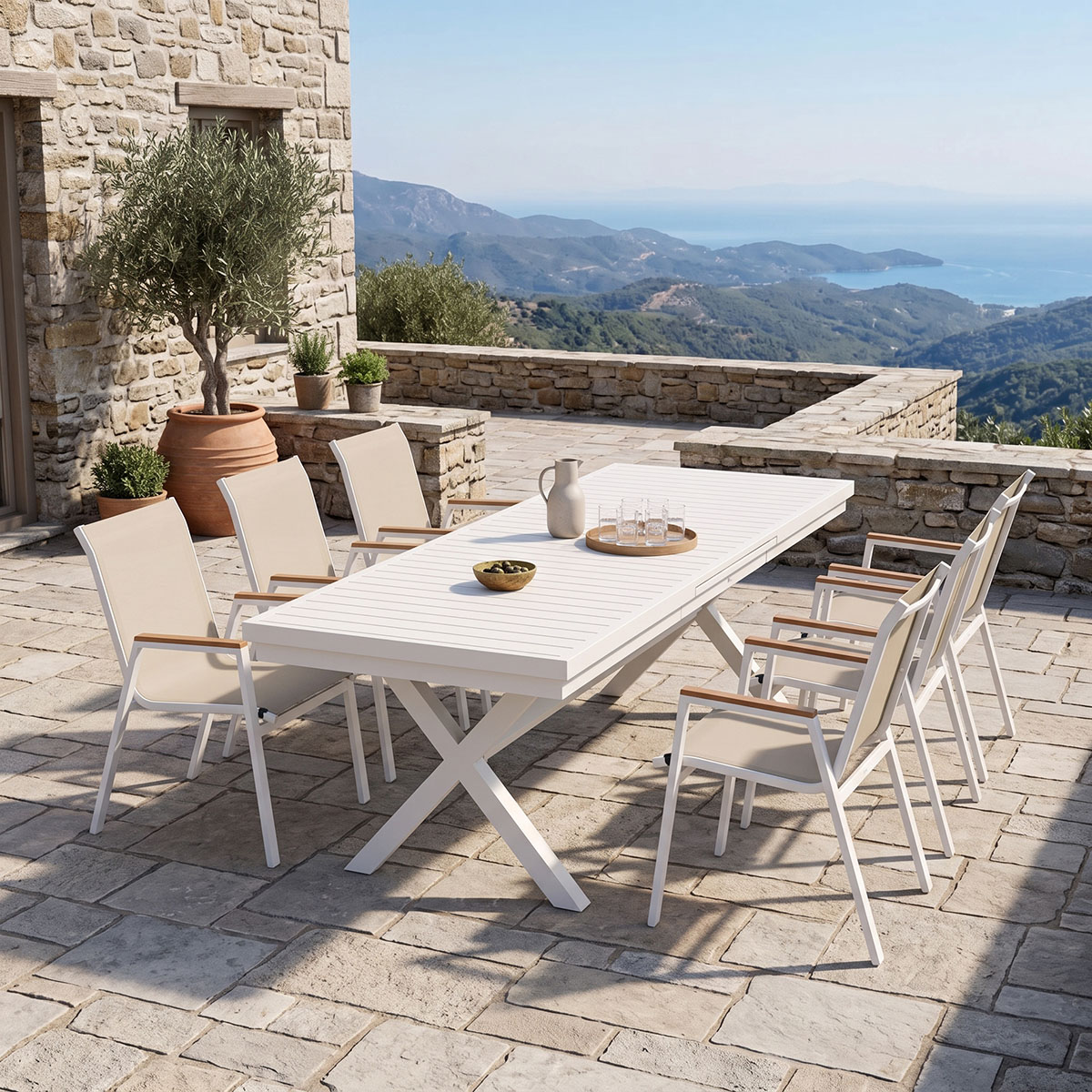 product_pako_200-001863 Τραπεζαρία Dagyn Azelie σετ 7τεμ λευκό αλουμίνιο με textilene μπεζ 180-240x90x76εκ - Image 1