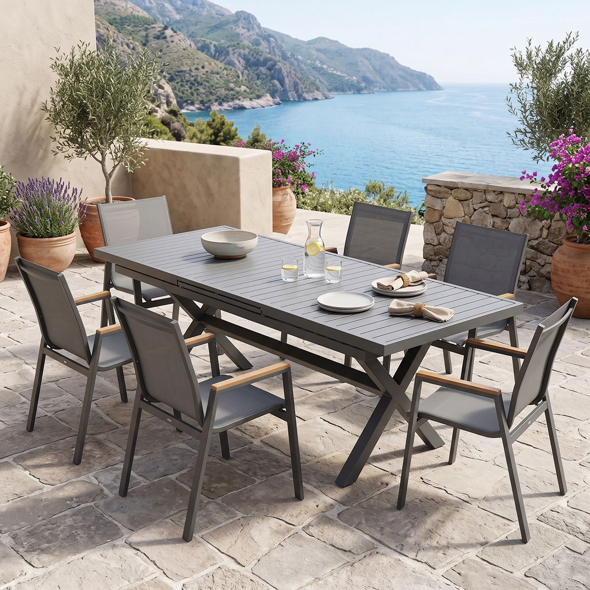 product_pako_200-001867 Τραπεζαρία Dagyn Azelie σετ 7τεμ ανθρακί αλουμίνιο και textiline με φυσική απόχρωση 180-240x90x76εκ - Image 1