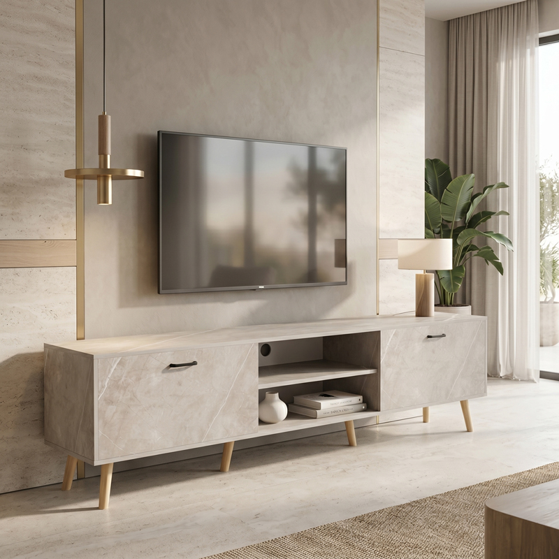 product_pako_230-000268 Έπιπλο τηλεόρασης Gorna μπεζ εφέ μαρμάρου 180x35x48.6εκ - Image 1