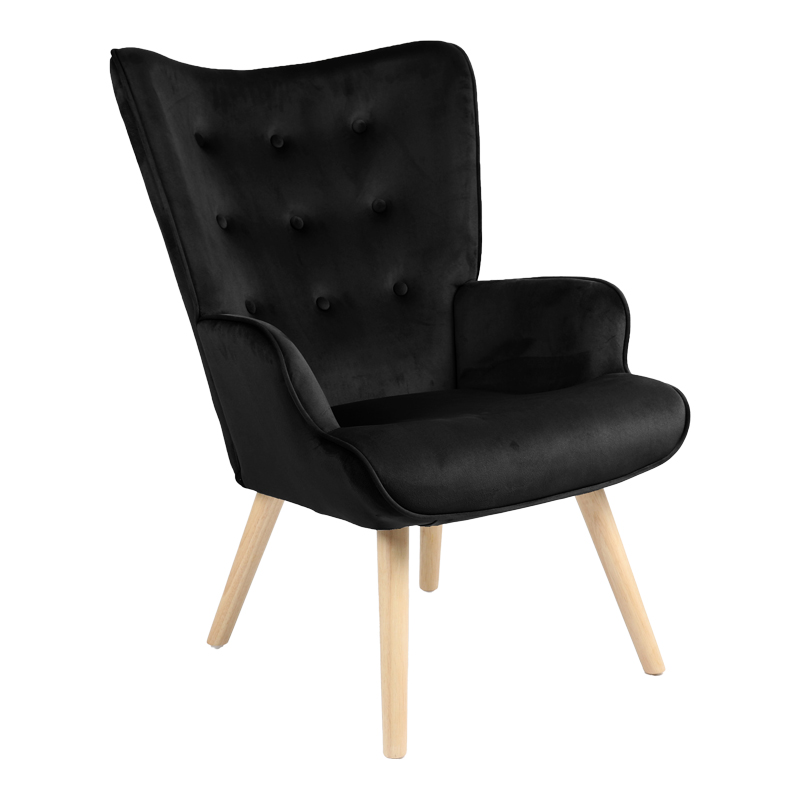 product_pako_255-000086 Πολυθρόνα Fluffy βελούδο μαύρο-ξύλινο πόδι σε φυσική απόχρωση 75x69x96εκ - Image 1