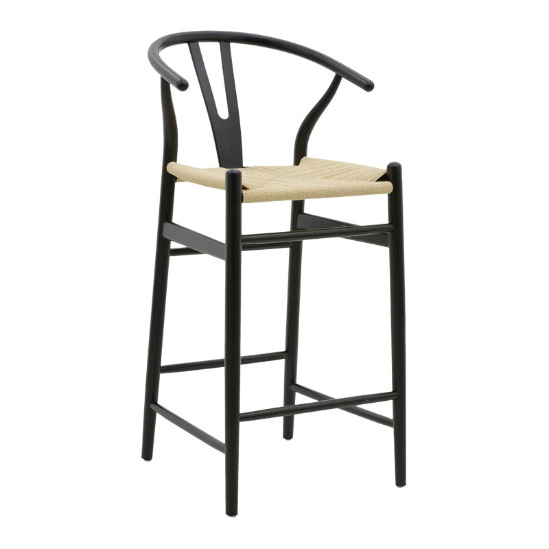 product_pako_263-000004 Σκαμπό μπαρ Wishbone ξύλο οξιάς μαύρο-έδρα φυσικό σχοινί 53x54x107εκ - Image 1