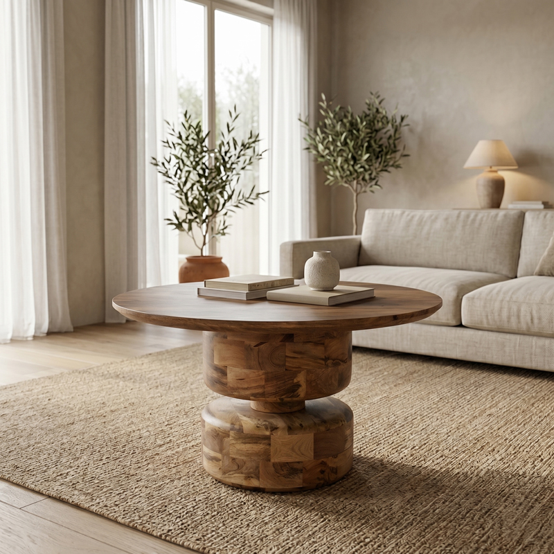 product_pako_372-000054 Τραπέζι σαλονιού Perlon καρυδί μάνγκο ξύλο Φ80x45εκ - Image 1