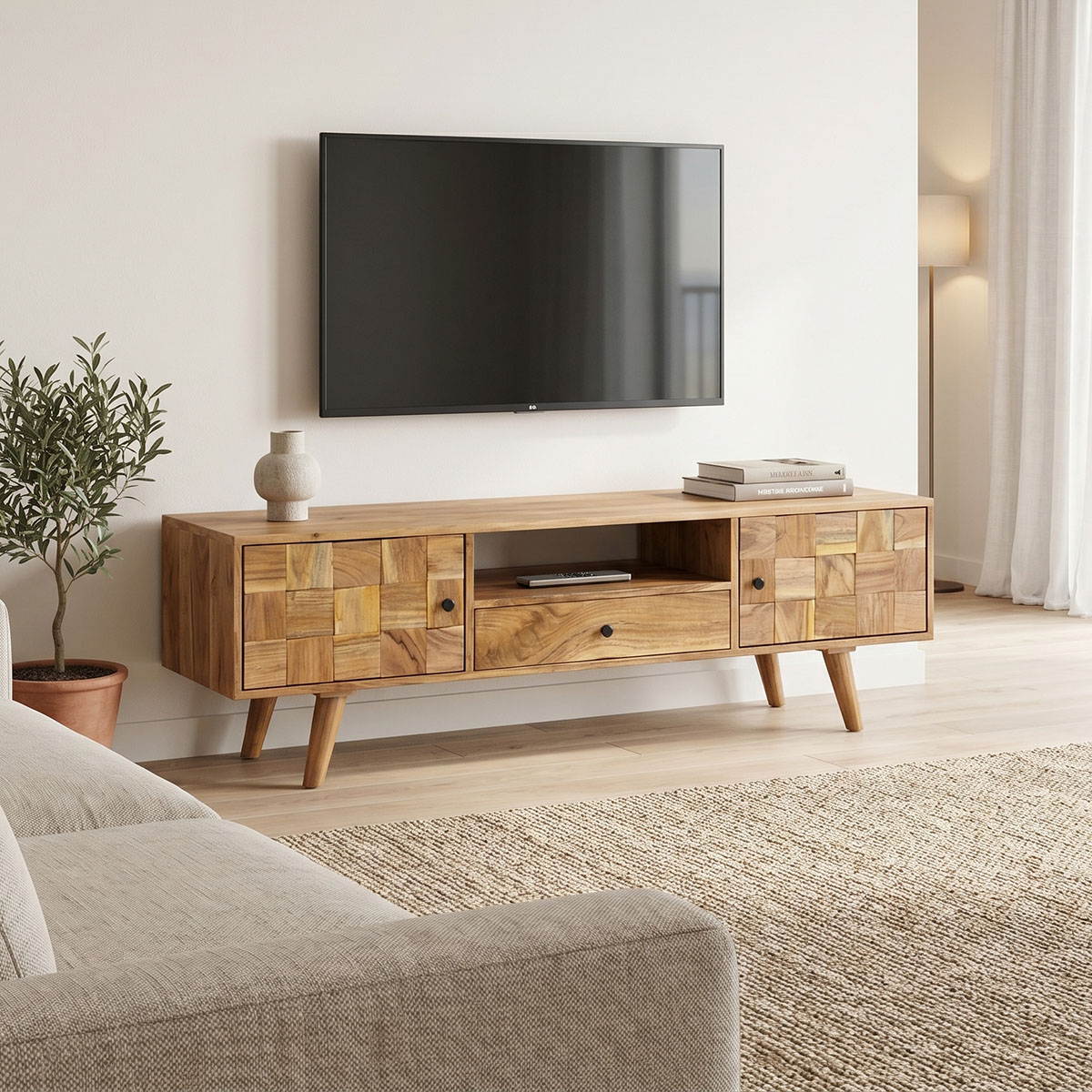 product_pako_379-000058 Έπιπλο τηλεόρασης Firpo μασίφ ξύλο ακακίας σε φυσική απόχρωση 130x35x45εκ - Image 1