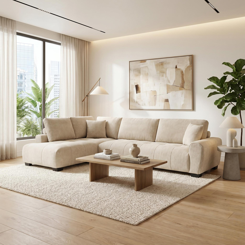 product_pako_074-000088 Γωνιακός καναπές Vaneto δεξιά γωνία μπεζ ύφασμα 298x208x85εκ - Image 1