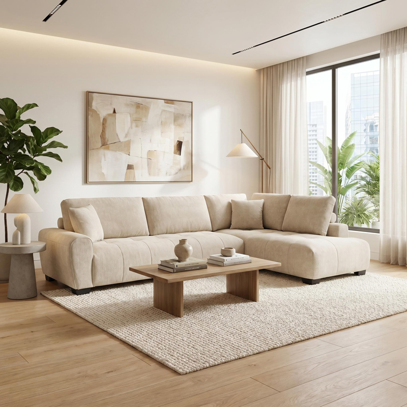 product_pako_074-000091 Γωνιακός καναπές Vaneto αριστερή γωνία μπεζ ύφασμα 298x208x85εκ - Image 1