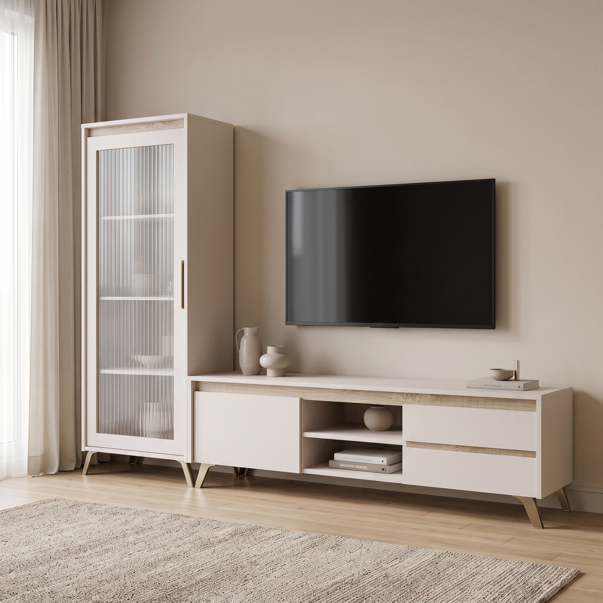 product_pako_192-000075 Σύνθετο σαλονιού Belka κρεμ με oak 210,6x45x152,6εκ - Image 1