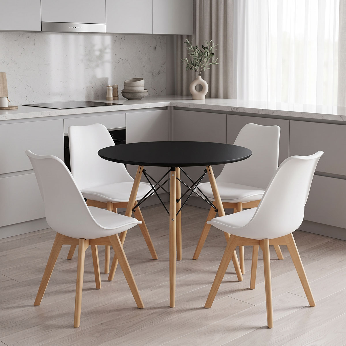 product_pako_200-000630 Τραπεζαρία με Καρέκλες Gaston λευκό και Τραπέζι Julita μαύρο Φ80x73εκ Σετ 5τεμ - Image 1