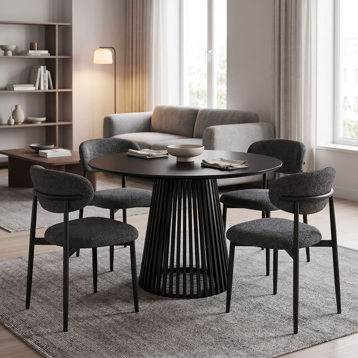 product_pako_200-001550 Τραπεζαρία με Καρέκλες Folegio Ανθρακί και Τραπέζι Domonic Μαύρο Φ100x75εκ Σετ 5τεμ - Image 1