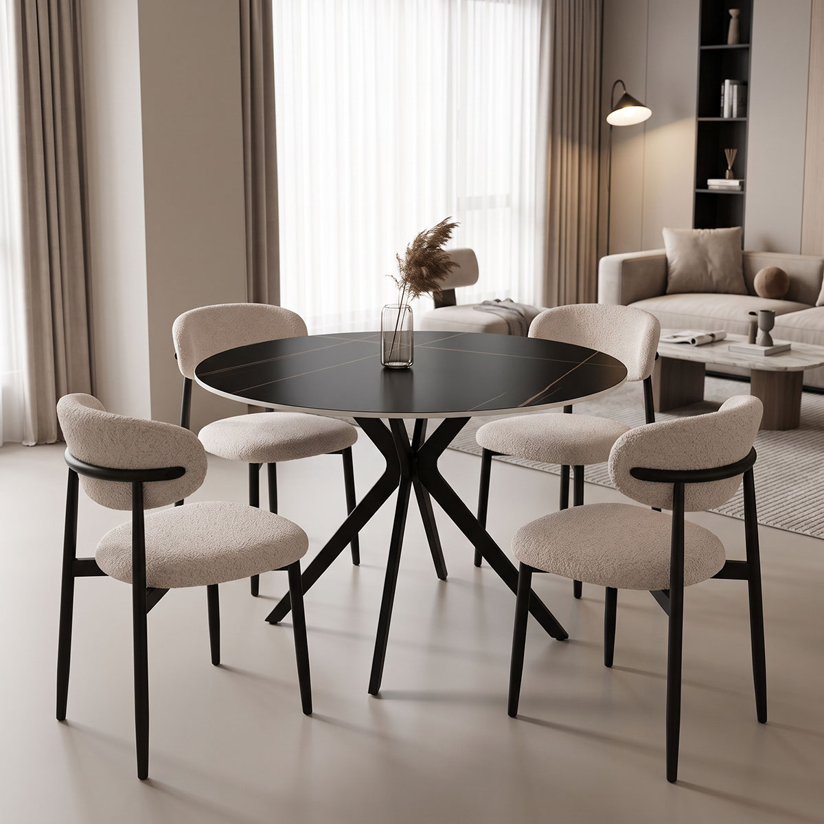 product_pako_200-001556 Τραπεζαρία με Καρέκλες Folegio Κρεμ και Τραπέζι Orbital Μαύρο Φ120x76εκ Σετ 5τεμ - Image 1