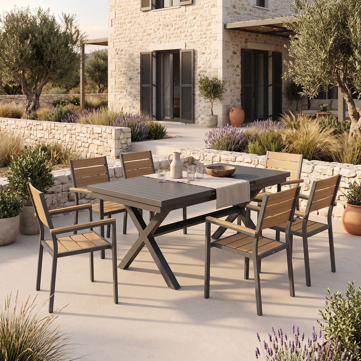 product_pako_200-001868 Τραπεζαρία Dagyn Breze σετ 7τεμ ανθρακί αλουμίνιο με φυσική απόχρωση 180-240x90x76εκ - Image 1