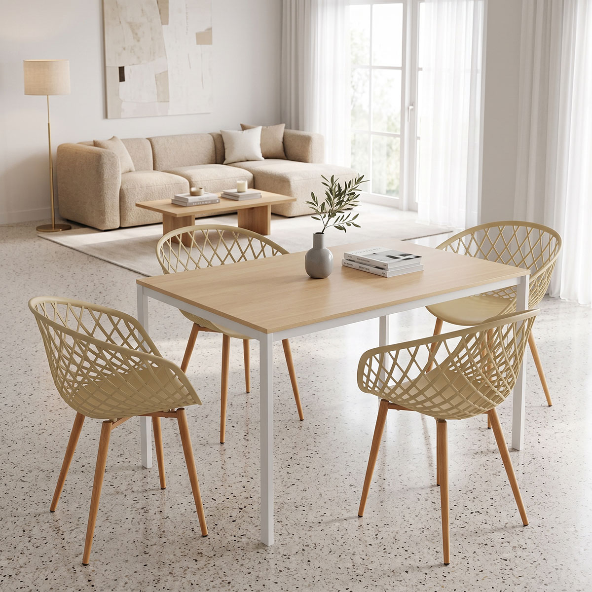 product_pako_200-001902 Τραπεζαρία με Πολυθρόνες Ezra cappuccino και Τραπέζι Faragio λευκό με φυσική απόχρωση 120x75x75εκ Σετ 5τεμ - Image 1