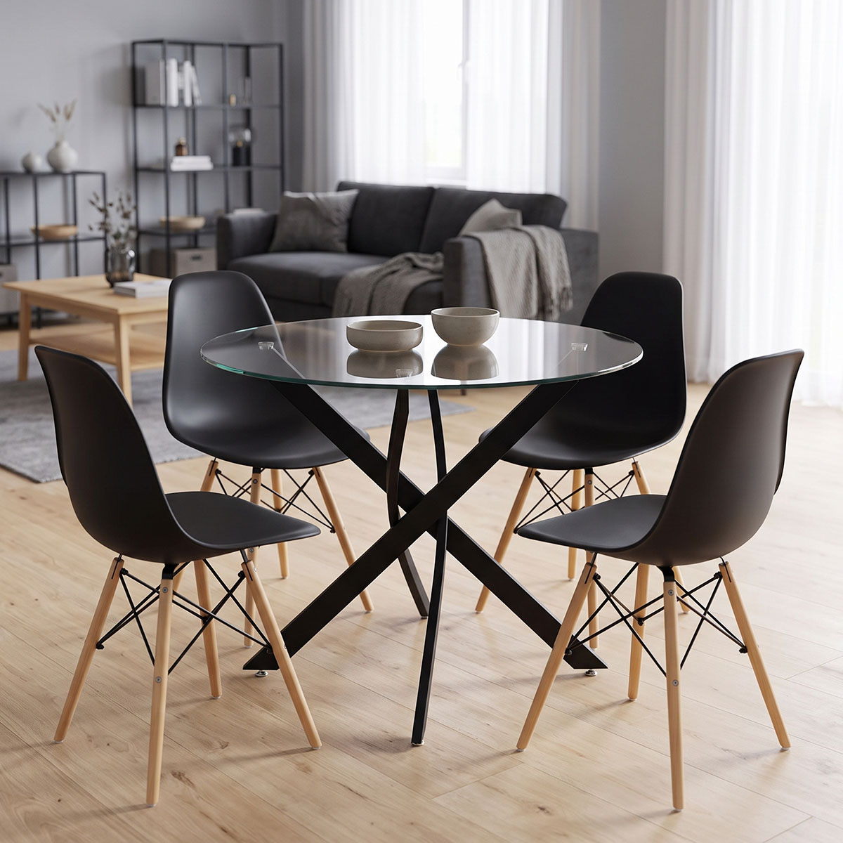 product_pako_200-001906 Τραπεζαρία με Καρέκλες Julita μαύρο και Τραπέζι Antoro γυαλί με μαύρο μέταλλο Φ80x75εκ Σετ 5τεμ - Image 1