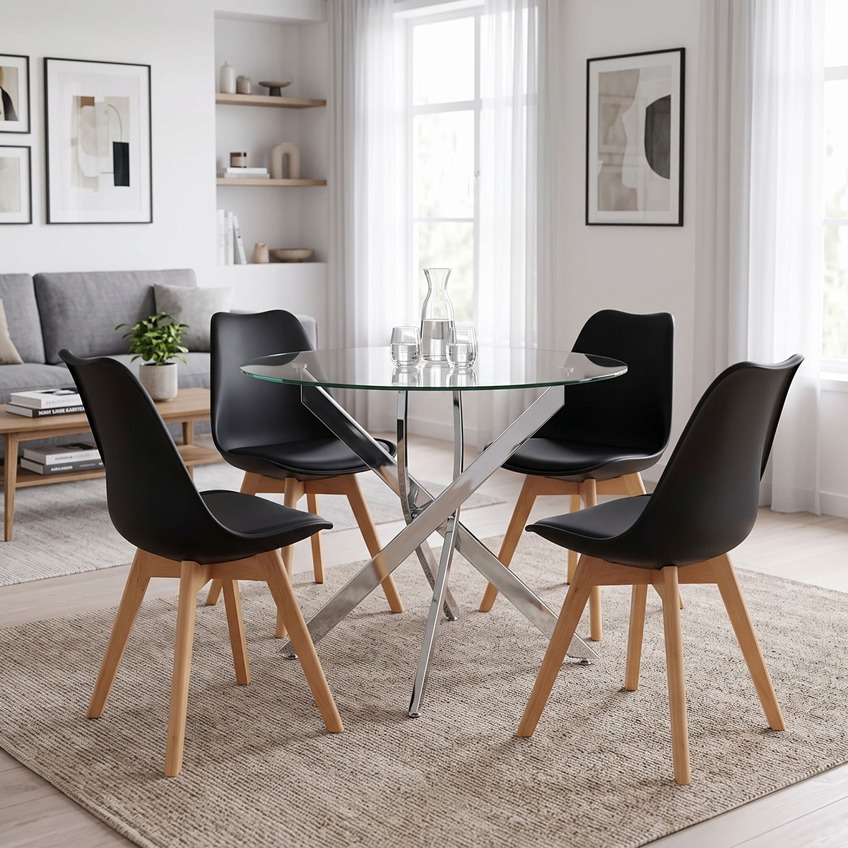 product_pako_200-001923 Τραπεζαρία με Καρέκλες Gaston μαύρο και Τραπέζι Antoro γυαλί με βάση χρωμίου Φ80x75εκ Σετ 5τεμ - Image 1