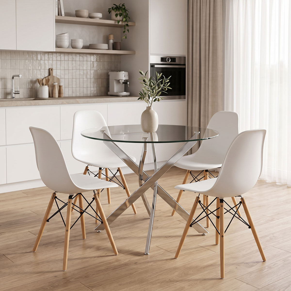 product_pako_200-001924 Τραπεζαρία με Καρέκλες Julita λευκό και Τραπέζι Antoro γυαλί με βάση χρωμίου Φ80x75εκ Σετ 5τεμ - Image 1
