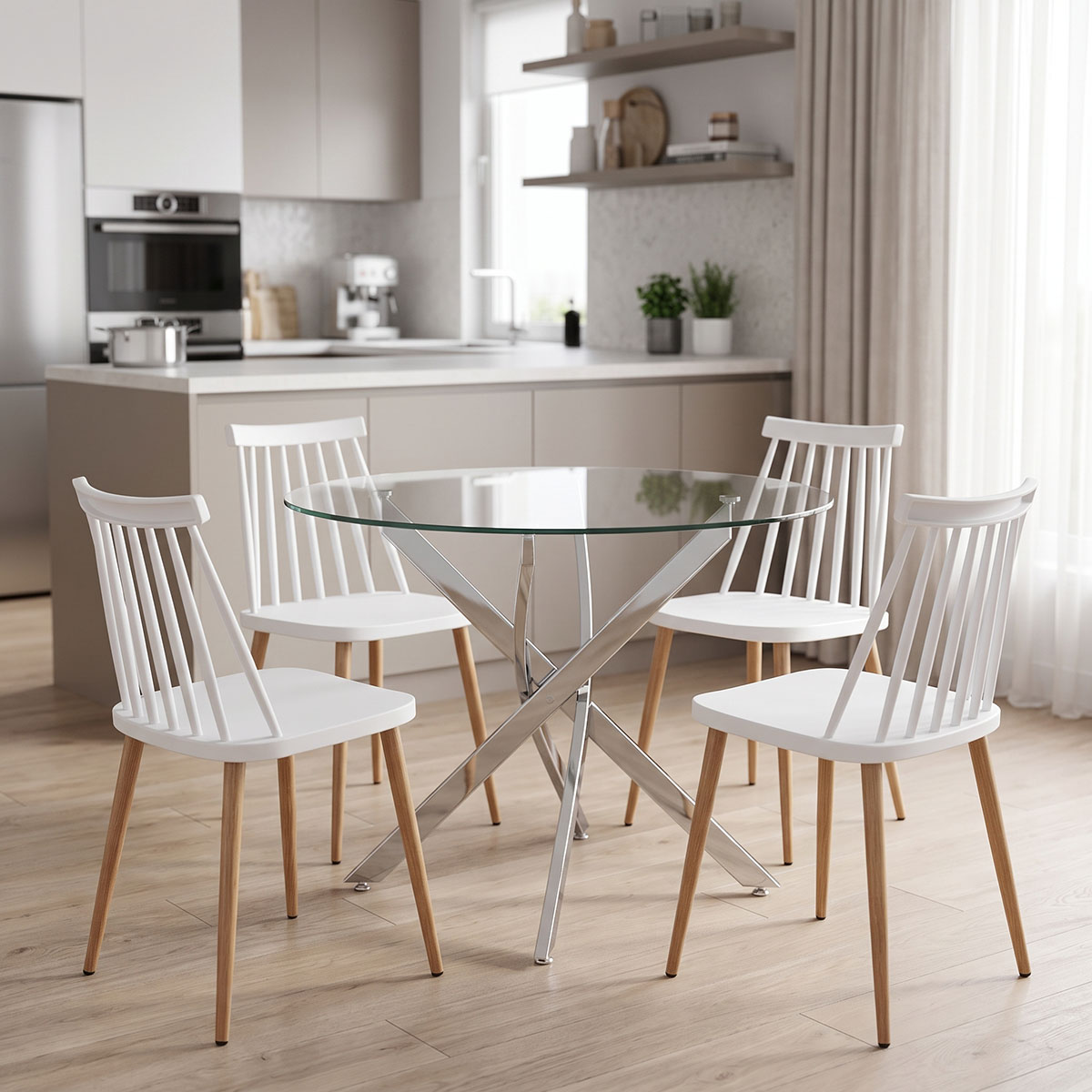 product_pako_200-001925 Τραπεζαρία με Καρέκλες Aurora λευκό και Τραπέζι Antoro γυαλί με βάση χρωμίου Φ80x75εκ Σετ 5τεμ - Image 1