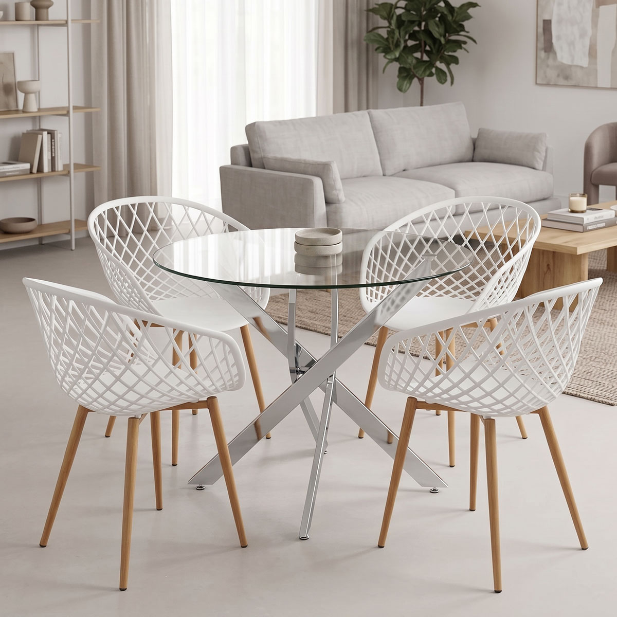 product_pako_200-001927 Τραπεζαρία με Πολυθρόνες Ezra λευκό και Τραπέζι Antoro γυαλί με βάση χρωμίου Φ80x75εκ Σετ 5τεμ - Image 1