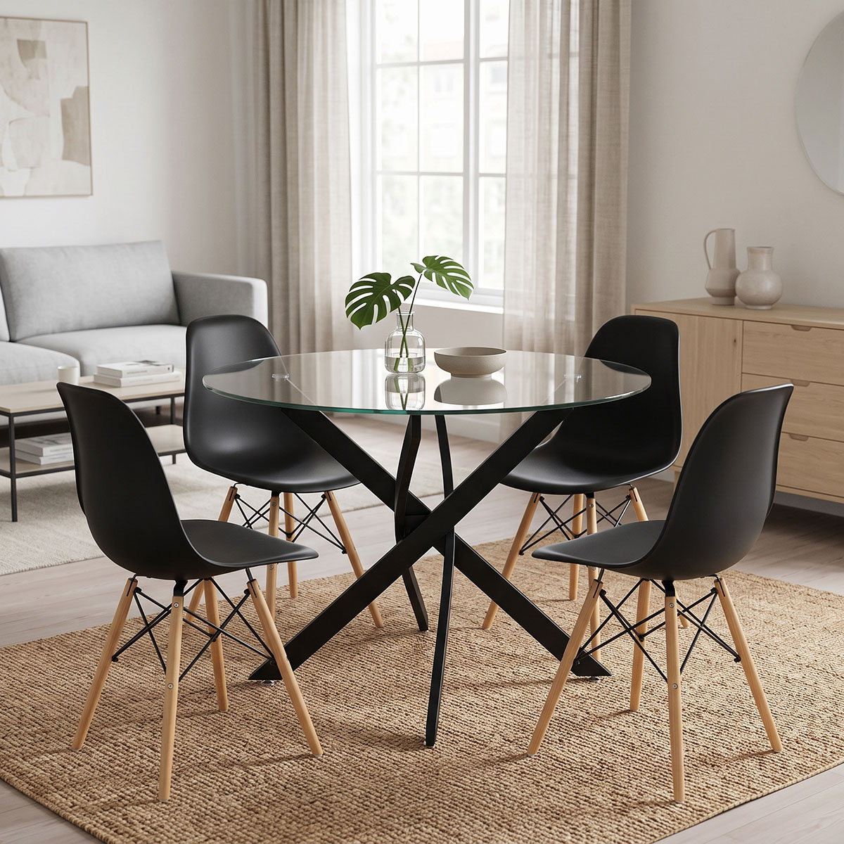 product_pako_200-001930 Τραπεζαρία με Καρέκλες Julita μαύρο και Τραπέζι Antoro γυαλί με μαύρο μέταλο Φ100x75εκ Σετ 5τεμ - Image 1