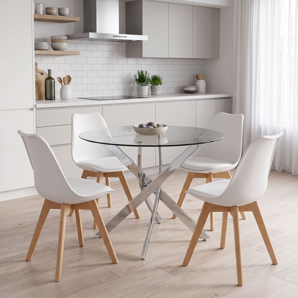 product_pako_200-001946 Τραπεζαρία με Καρέκλες Gaston λευκό και Τραπέζι Antoro γυαλί με βάση χρωμίου Φ100x75εκ Σετ 5τεμ - Image 1