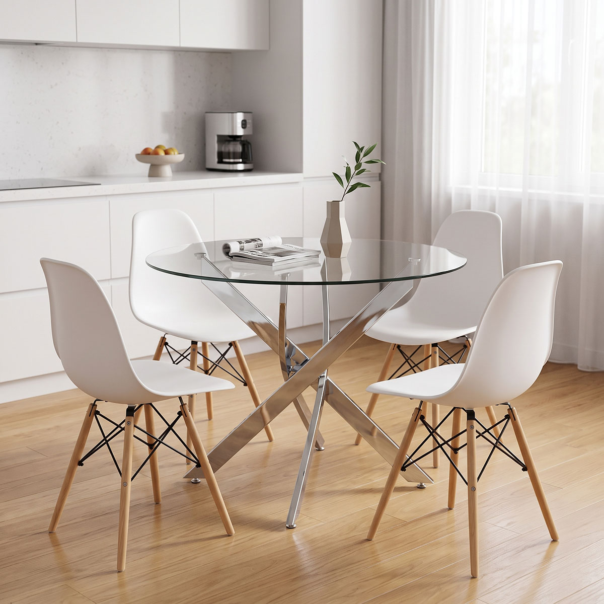 product_pako_200-001947 Τραπεζαρία με Καρέκλες Julita λευκό και Τραπέζι Antoro γυαλί με βάση χρωμίου Φ100x75εκ Σετ 5τεμ - Image 1