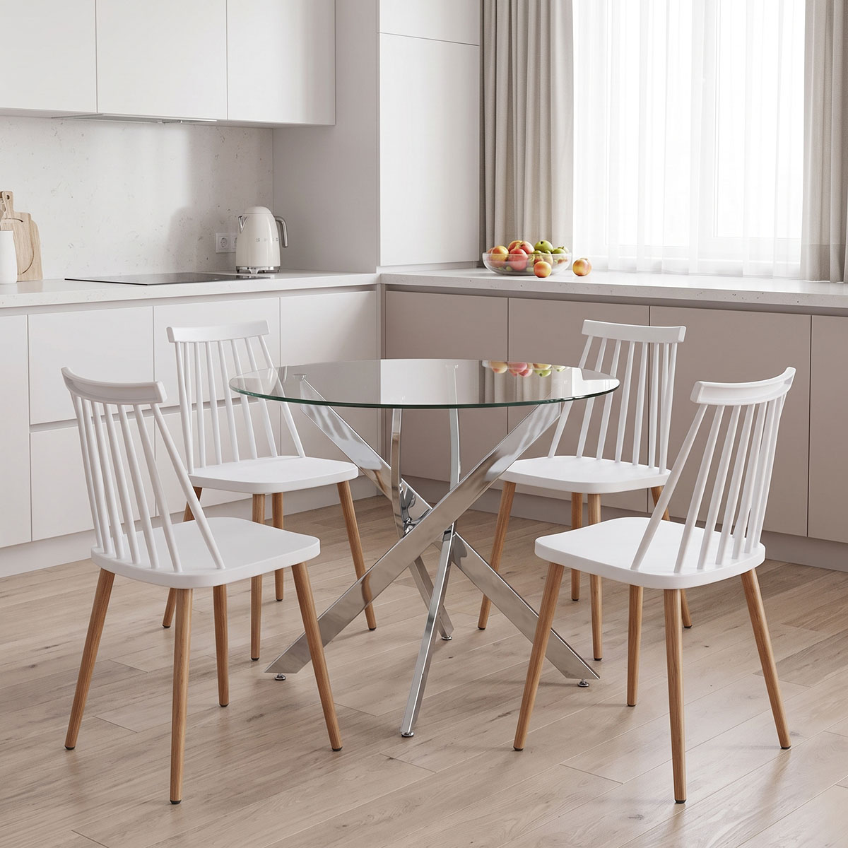 product_pako_200-001948 Τραπεζαρία με Καρέκλες Aurora λευκό και Τραπέζι Antoro γυαλί με βάση χρωμίου Φ100x75εκ Σετ 5τεμ - Image 1