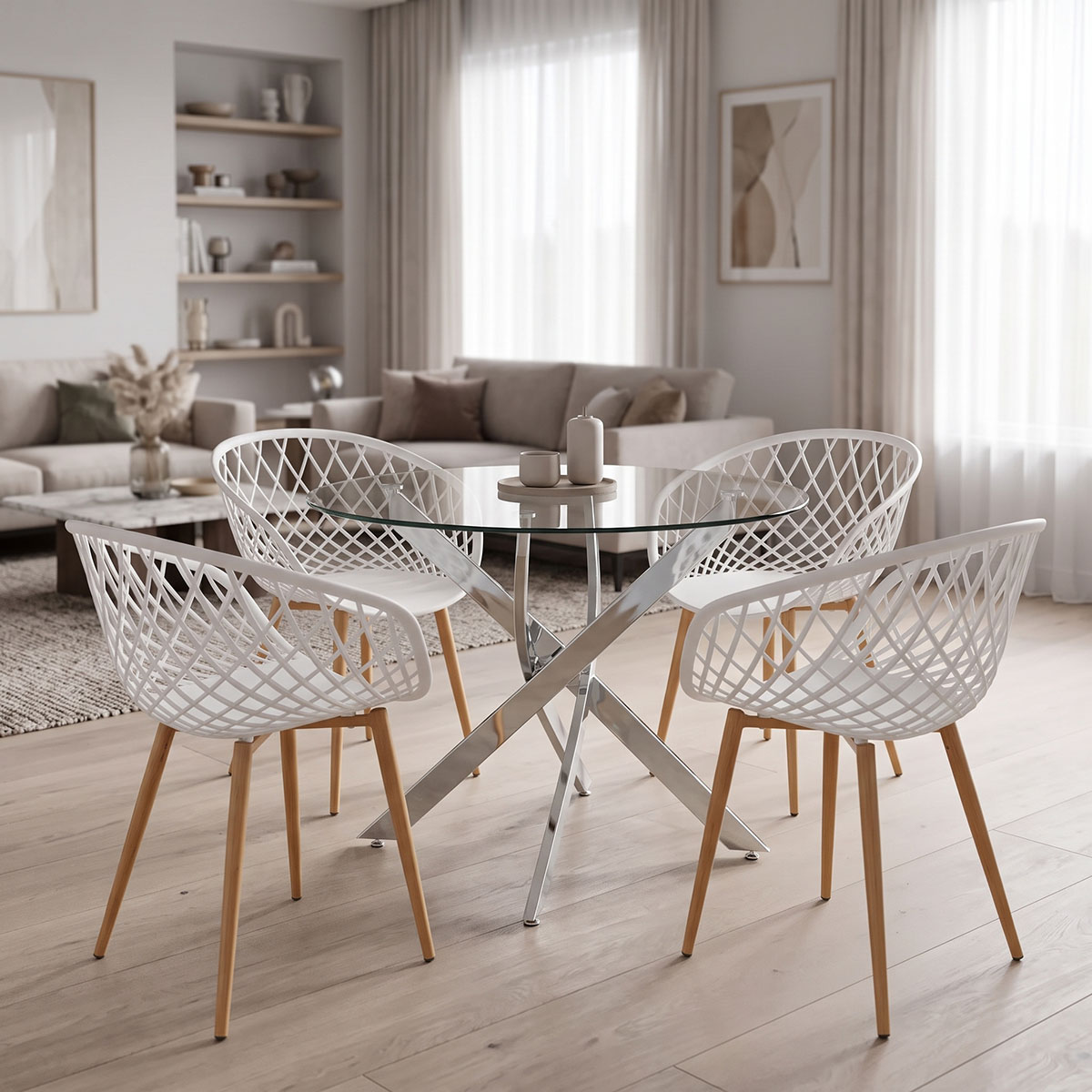 product_pako_200-001949 Τραπεζαρία με Πολυθρόνες Ezra λευκό και Τραπέζι Antoro γυαλί με βάση χρωμίου Φ100x75εκ Σετ 5τεμ - Image 1