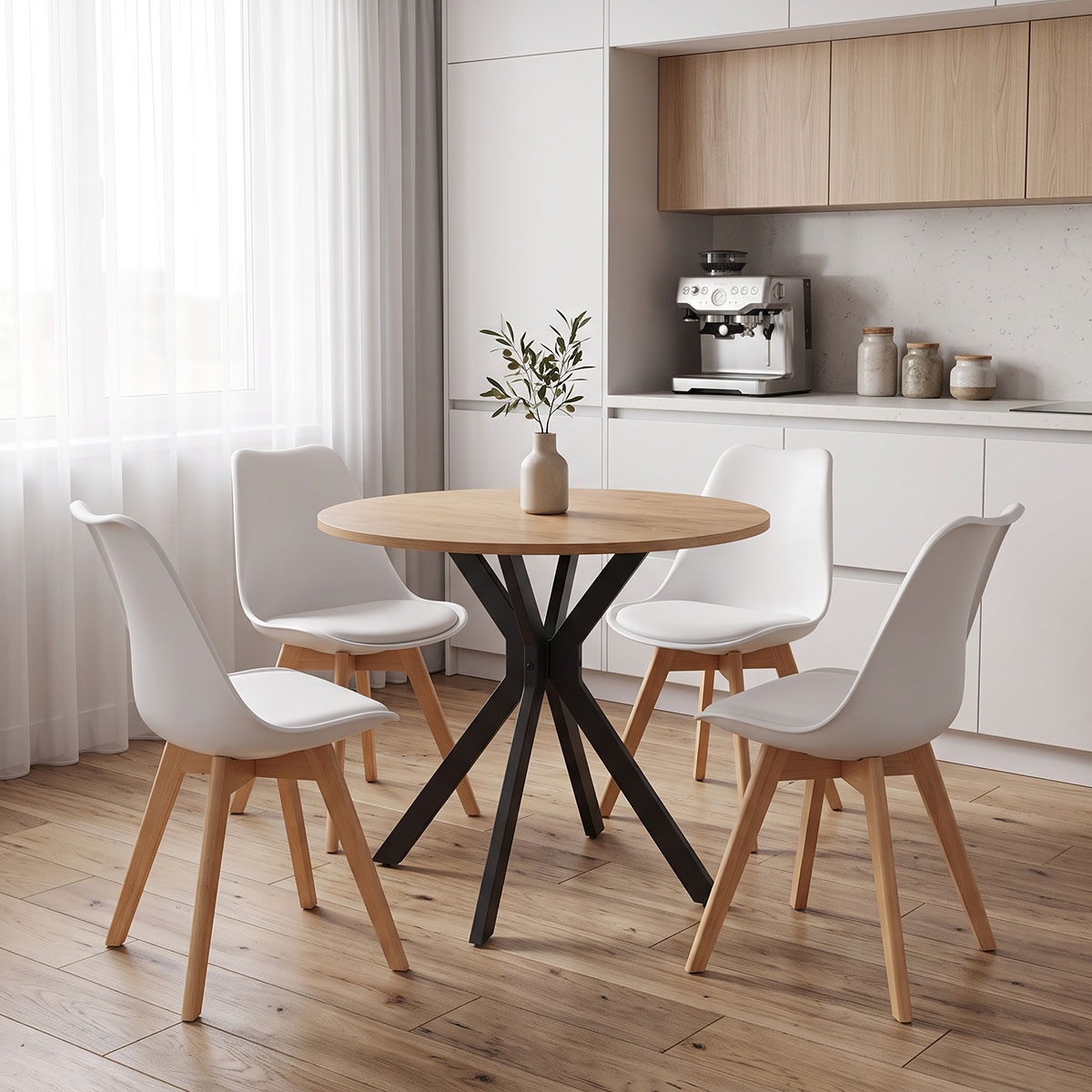 product_pako_200-001952 Τραπεζαρία με Καρέκλες Gaston λευκό και Τραπέζι Xuson σε φυσική απόχρωση Φ80x75εκ Σετ 5τεμ - Image 1