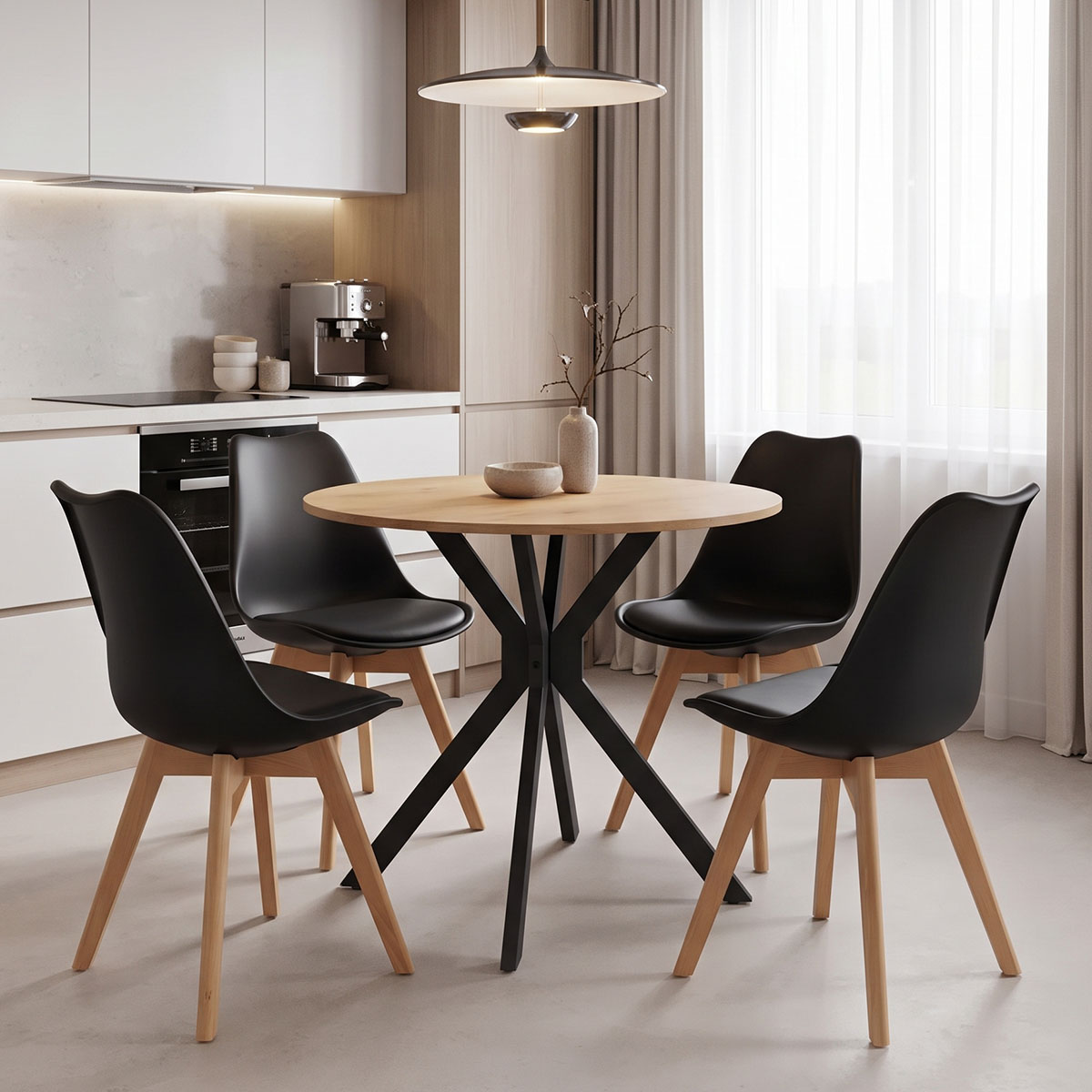 product_pako_200-001953 Τραπεζαρία με Καρέκλες Gaston μαύρο και Τραπέζι Xuson σε φυσική απόχρωση Φ80x75εκ Σετ 5τεμ - Image 1