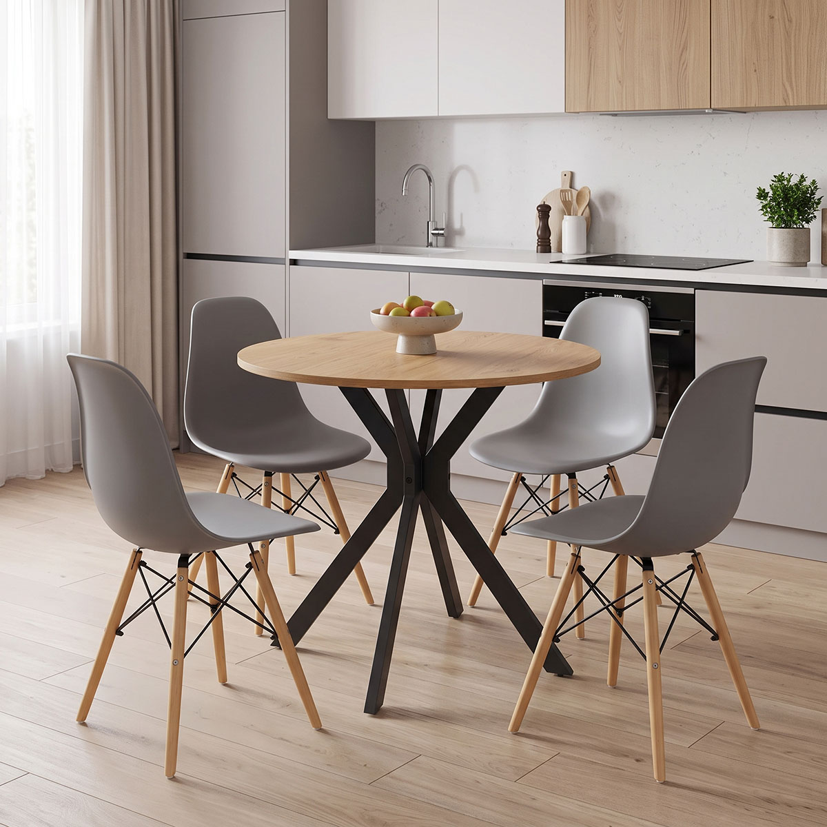 product_pako_200-001954 Τραπεζαρία με Καρέκλες Julita γκρι και Τραπέζι Xuson σε φυσική απόχρωση Φ80x75εκ Σετ 5τεμ - Image 1