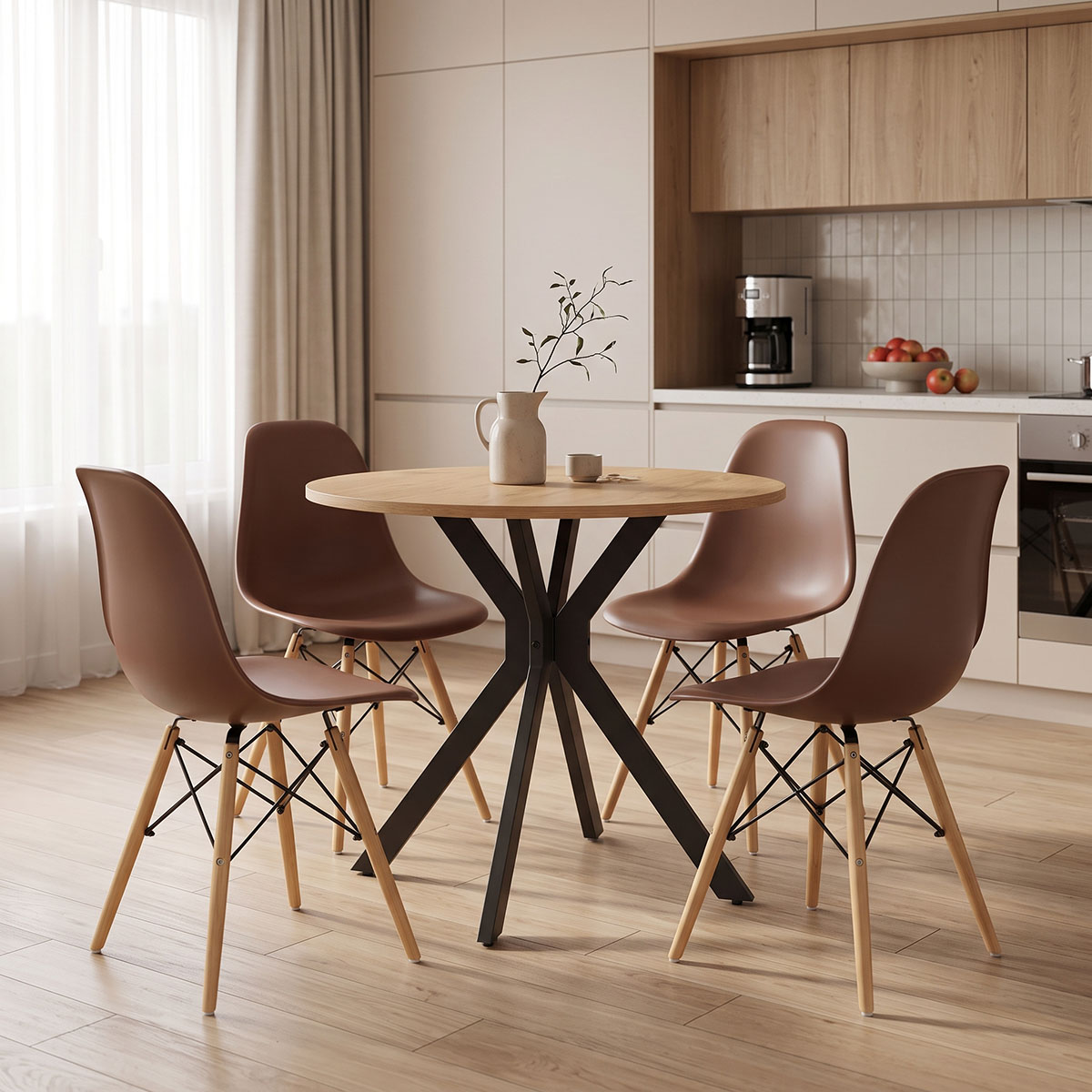 product_pako_200-001955 Τραπεζαρία με Καρέκλες Julita καφέ και Τραπέζι Xuson σε φυσική απόχρωση Φ80x75εκ Σετ 5τεμ - Image 1