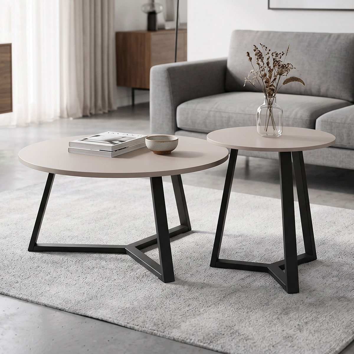 product_pako_200-002059 Τραπέζια σαλονιού Berton 2τεμ σε cappuccino με μαύρο μέταλλο - Image 1