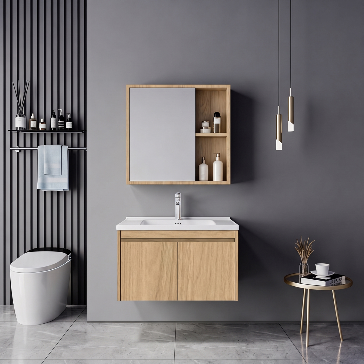 product_pako_200-002064 Πάγκος με νιπτήρα μπαταρία και καθρέφτη Sinkea Mentis oak και χρώμιο - Image 1