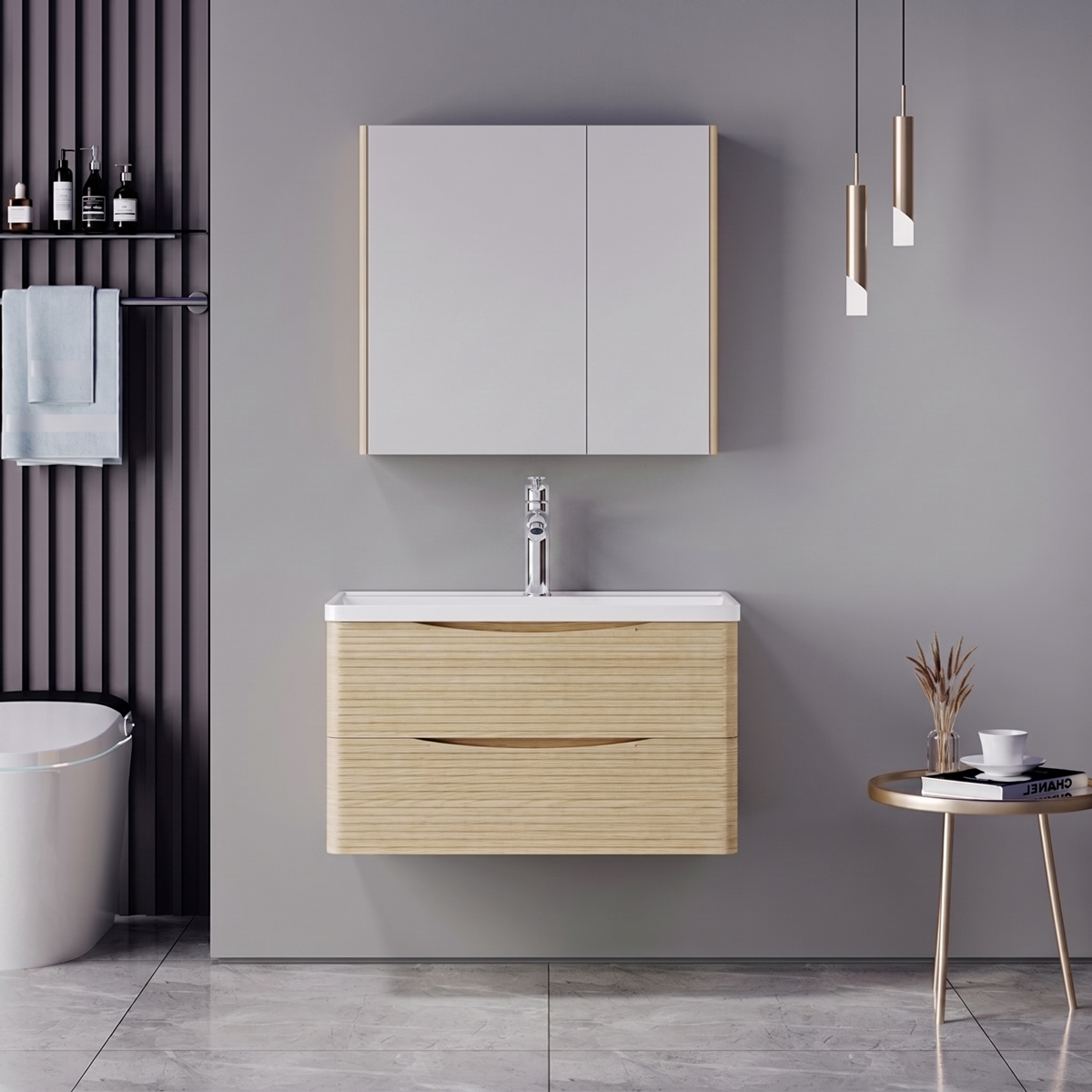 product_pako_200-002076 Πάγκος με νιπτήρα μπαταρία και καθρέφτη Tzouena Mentis oak και χρώμιο - Image 1