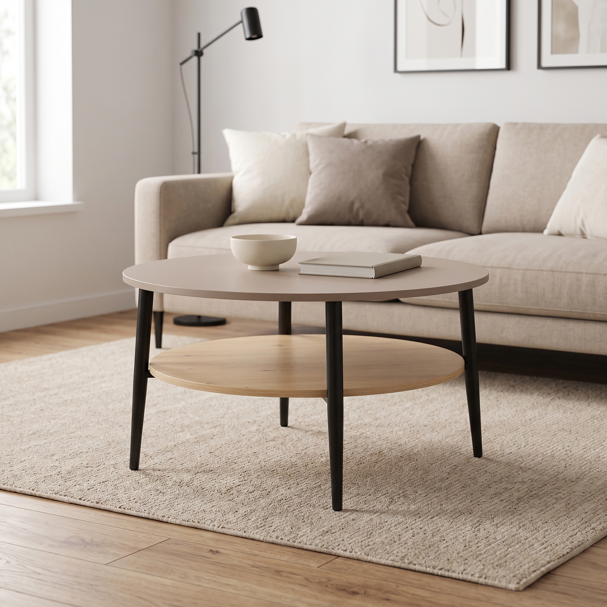 product_pako_225-000102 Τραπέζι σαλονιού Kody taupe με oak και μαύρο μέταλλο Φ80x45εκ - Image 1