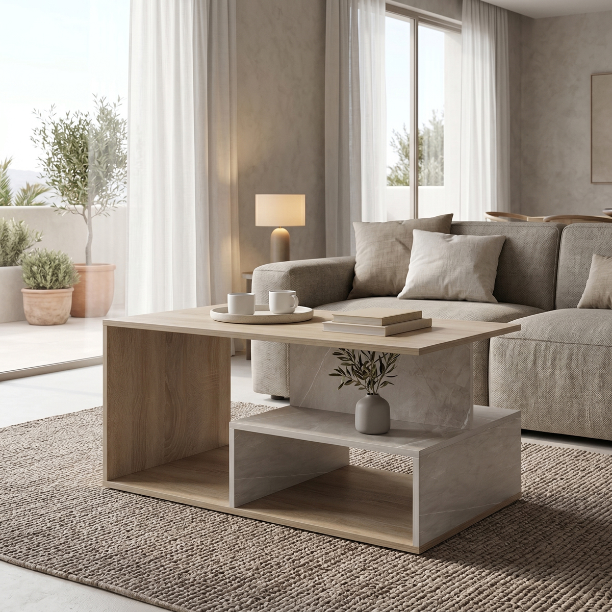 product_pako_230-000293 Τραπέζι σαλονιού Kelena sonoma-μπεζ όψη μαρμάρου 90x51x43εκ - Image 1