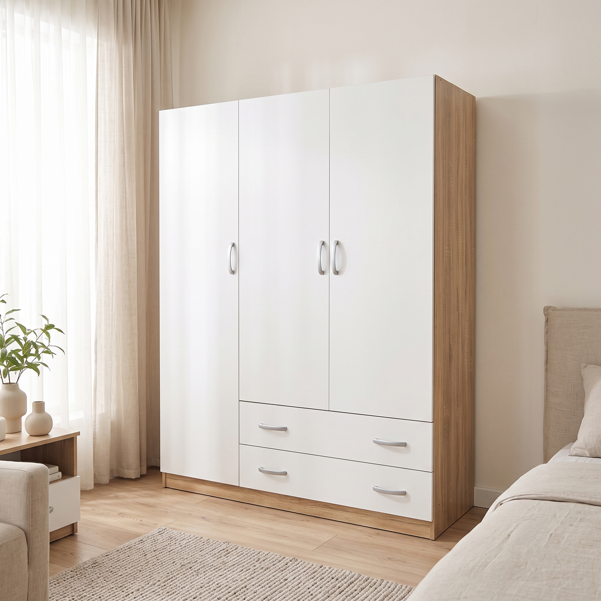 product_pako_383-000320 Ντουλάπα τρίφυλλη με 2 συρτάρια Alvia λευκό με sonoma 150x51x180εκ - Image 1