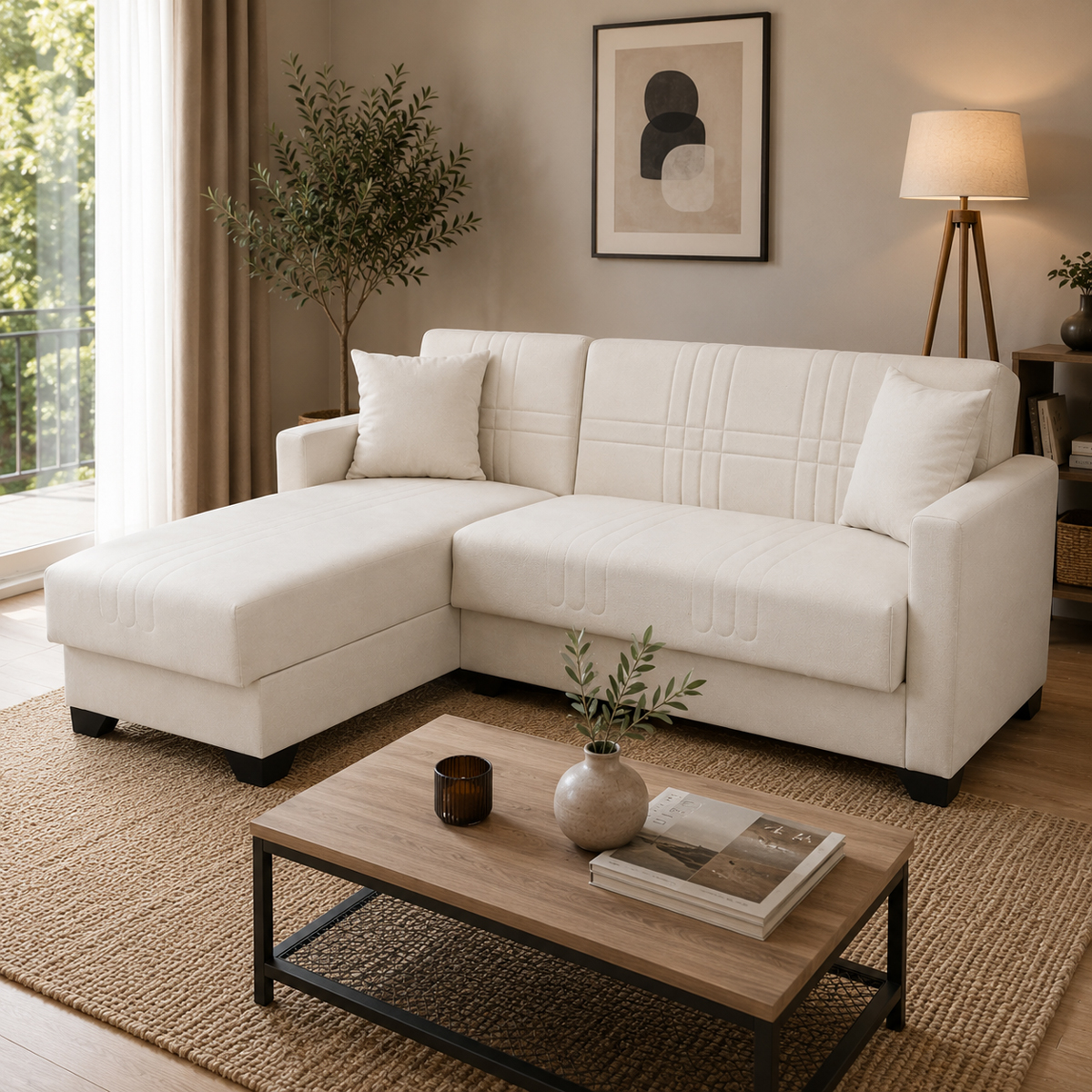 product_pako_436-000001 Γωνιακός καναπές Kρεβάτι αναστρέψιμος με αποθηκευτικό χώρο Stashio κρεμ ύφασμα 202x143x84εκ - Image 1