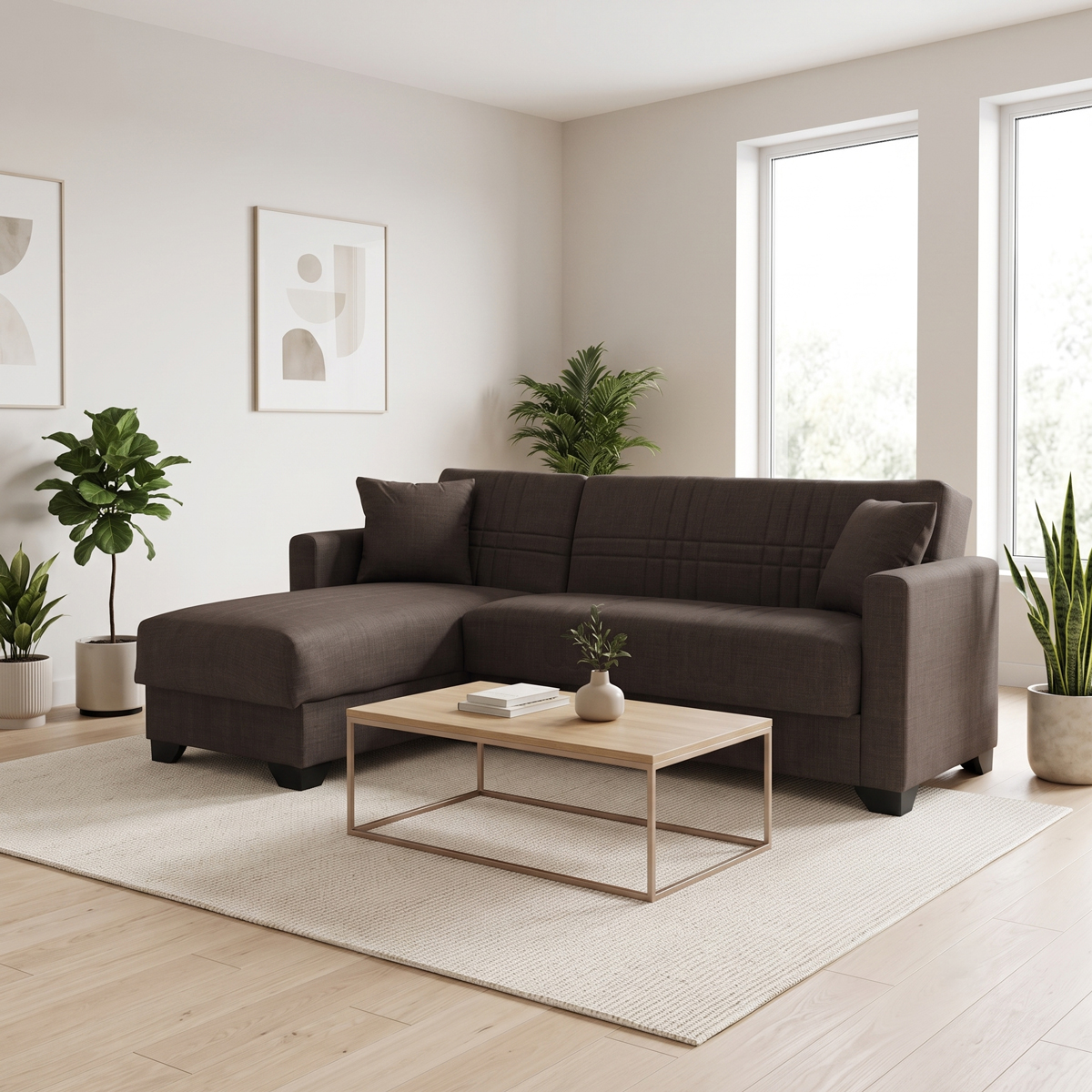 product_pako_436-000003 Γωνιακός καναπές Kρεβάτι αναστρέψιμος με αποθηκευτικό χώρο Stashio καφέ ύφασμα 202x143x84εκ - Image 1