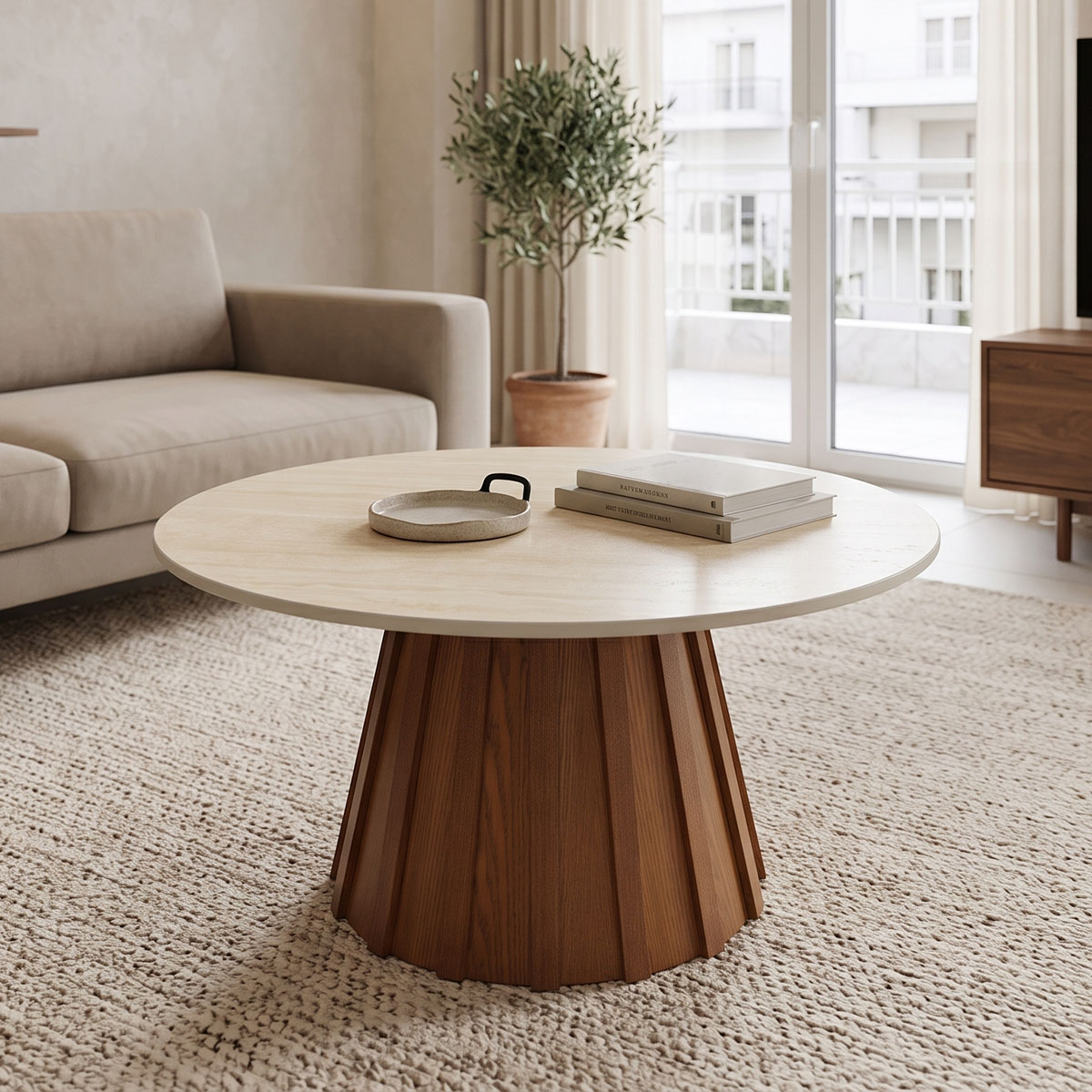 product_pako_029-000442 Τραπέζι σαλονιού Franzel sintered stone σε όψη τραβερτίνας-mdf σε καρυδι Φ80x40εκ - Image 1