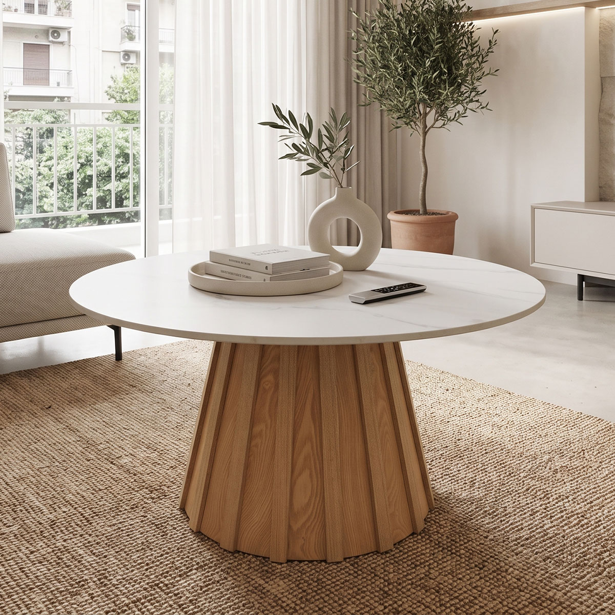 product_pako_029-000443 Τραπέζι σαλονιού Franzel sintered stone σε όψη μαρμάρου-mdf σε φυσική απόχρωση Φ80x40εκ - Image 1
