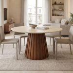 Τραπέζι Franzel sintered stone σε όψη τραβερτίνας-mdf καρυδί Φ120x75εκ